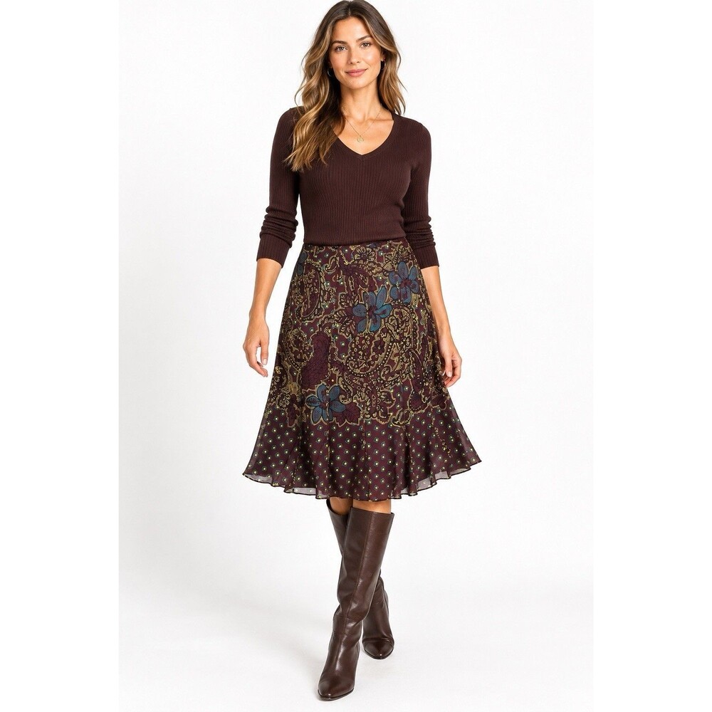 Jones New York Collection Silk Skirt Brown Floral Vintage Boho Whimsey Size 14